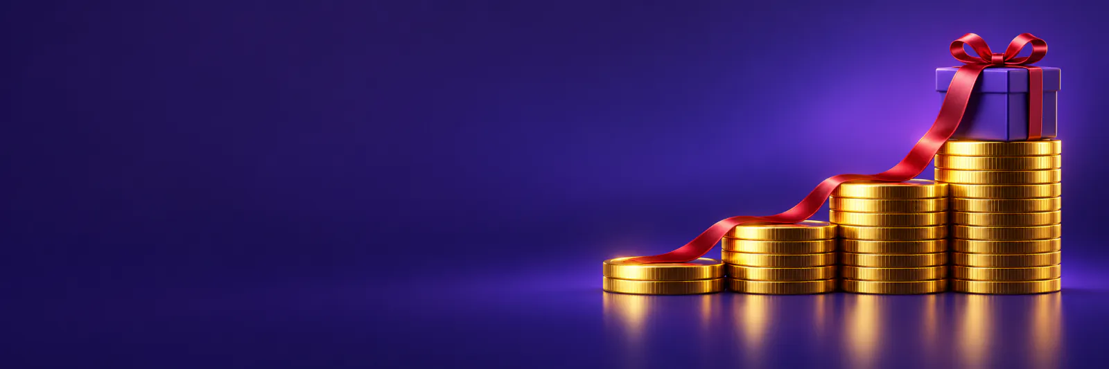 Monedas doradas apiladas en escalera con una caja de regalo encima