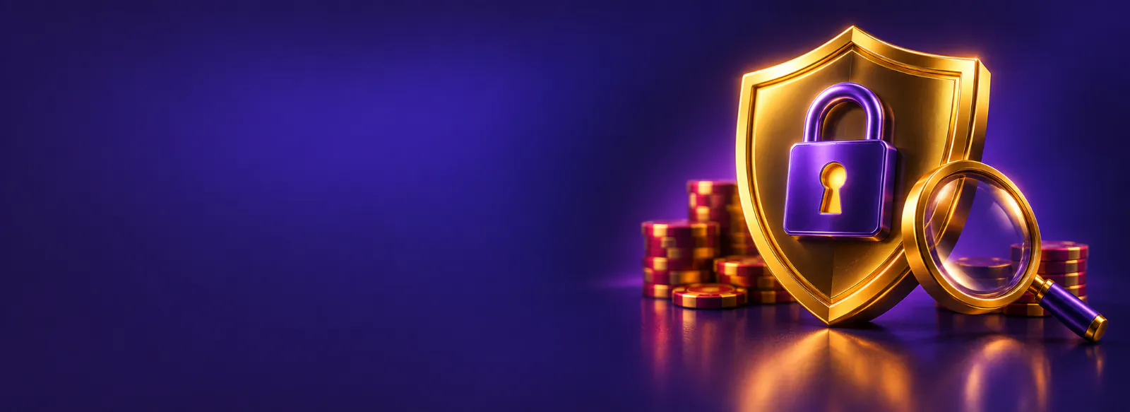 Escudo dorado con un candado grabado y una lupa apoyada al costado