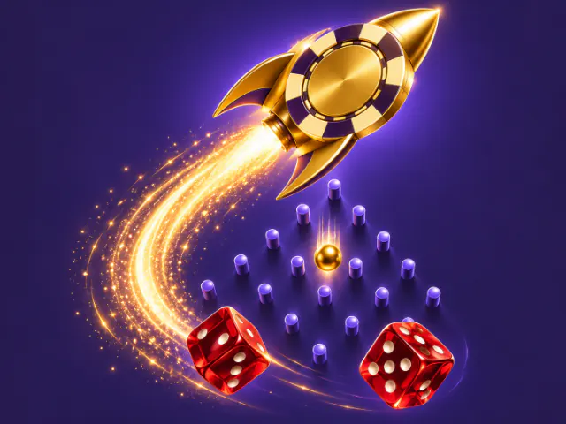 Cohete dorado ascendiendo junto a dados y fichas